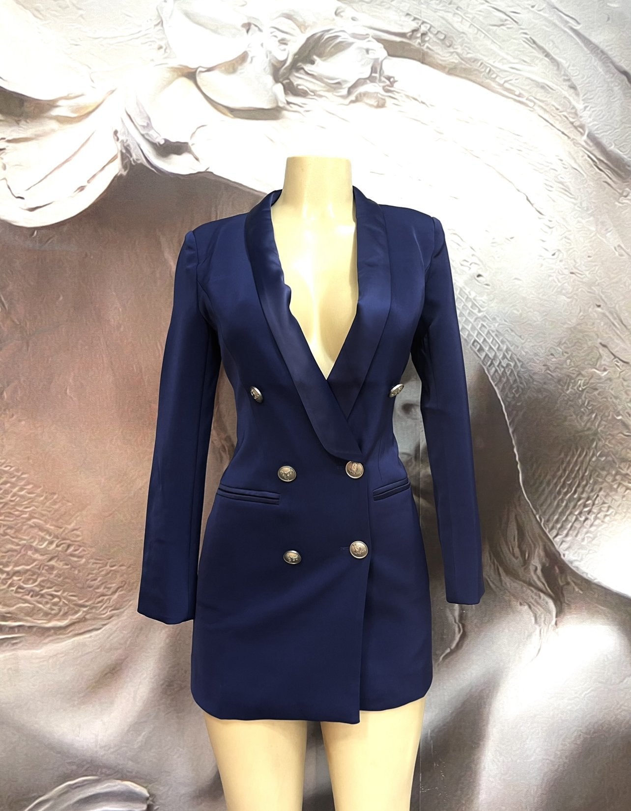 Behandle høst Adelaide Navy Blue Satin Collar Double Breasted Blazer