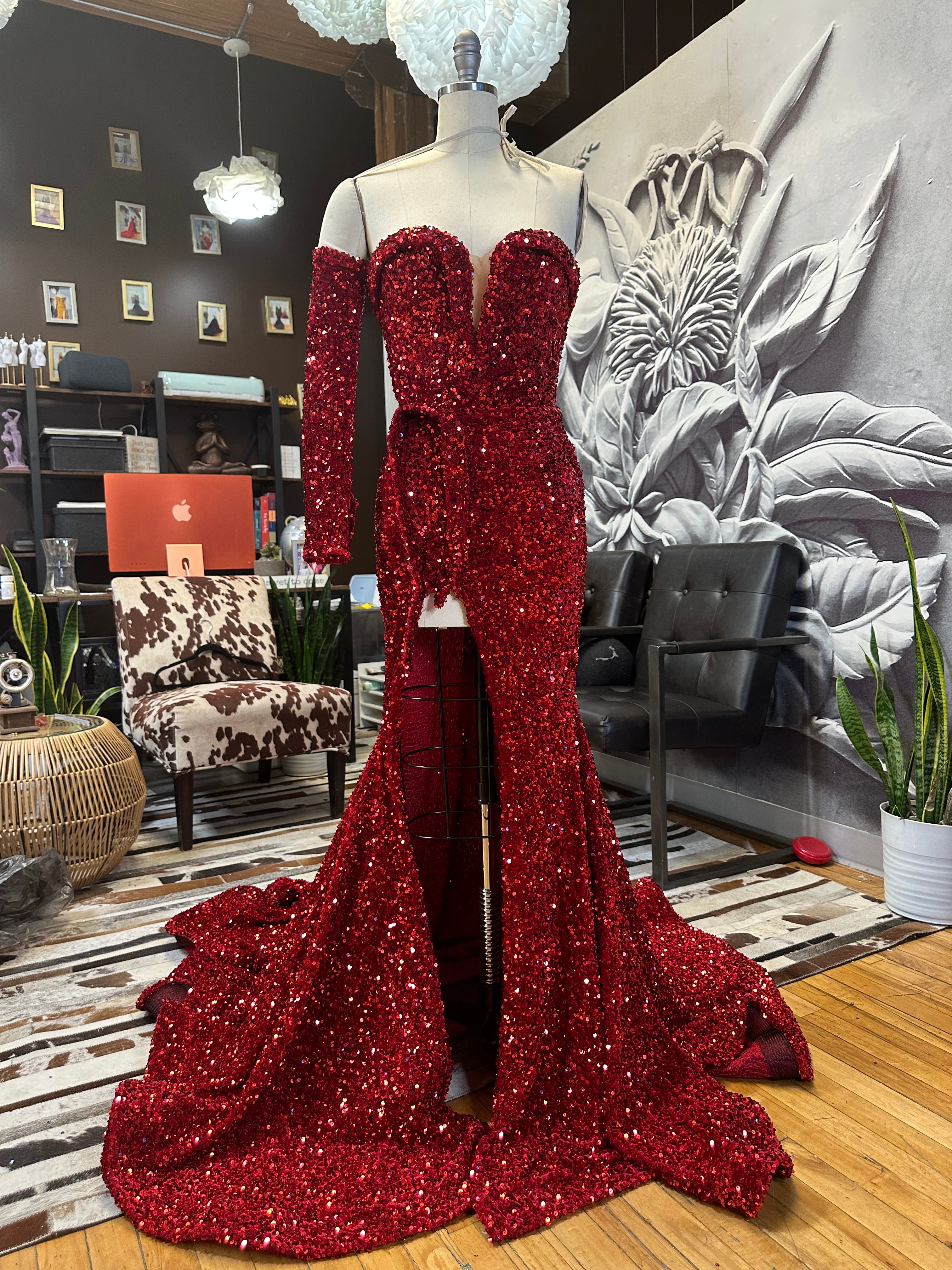 Sparkling Opulence  Red Sequin Corset Set with a Slip and Gloves.