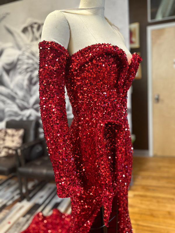 Sparkling Opulence  Red Sequin Corset Set with a Slip and Gloves.
