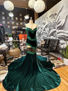 Emerald Enchantment" Velvet Corset Mermaid Gown with lace appliqués