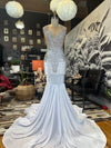 Whimsical Opulence" Sleeveless White Velvet Mermaid Dress with Bodice Appliqué
