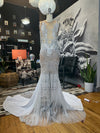 Celestial Elegance" Beaded Lace Gown with Nude Lining and Rhinestone Appliqués