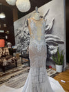 Celestial Elegance" Beaded Lace Gown with Nude Lining and Rhinestone Appliqués