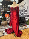 Scarlet Enchantment" Burgundy Dress with Split, Train, Corset, and Lace Appliqués