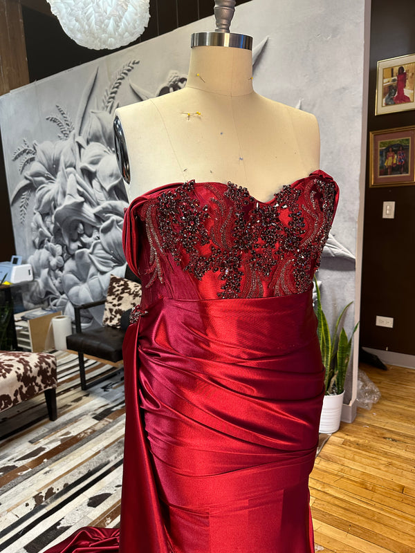 Scarlet Enchantment" Burgundy Dress with Split, Train, Corset, and Lace Appliqués