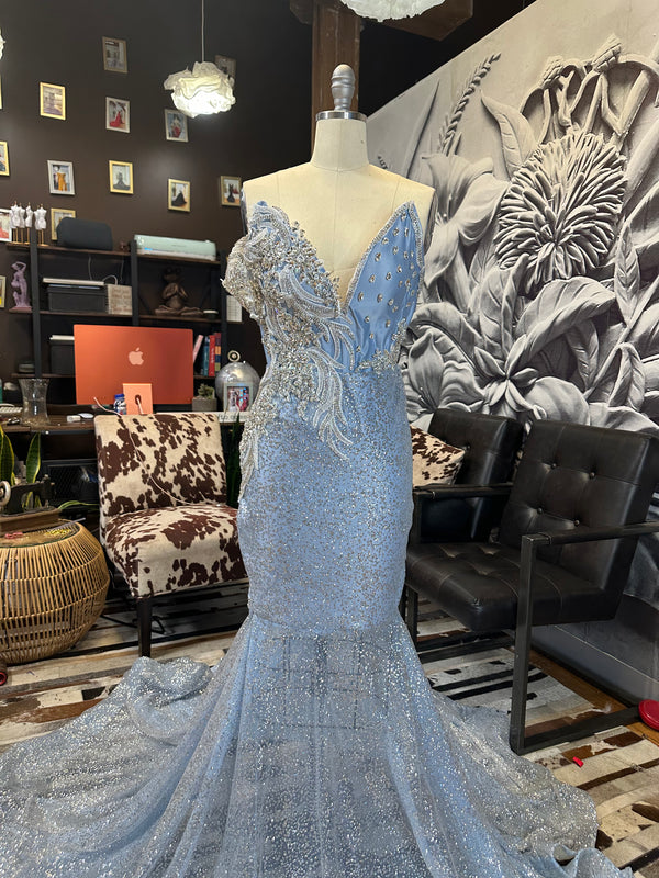 Azure Dreams" Corset Baby Blue Dress with Rhinestone Appliqués, Gems, and Nude Glitter Mermaid Bottom