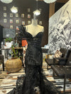 Midnight Enchantment" Corseted Black beaded lace Gown with Diamond Stones, Double Sleeve, Slit, and Ostrich Feathers.