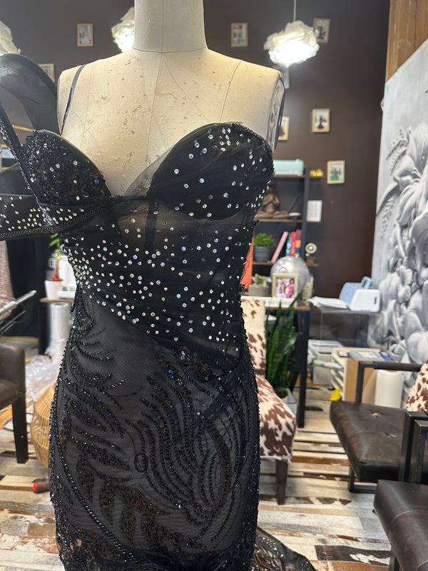 Midnight Enchantment" Corseted Black beaded lace Gown with Diamond Stones, Double Sleeve, Slit, and Ostrich Feathers.