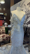 Azure Dreams" Corset Baby Blue Dress with Rhinestone Appliqués, Gems, and Nude Glitter Mermaid Bottom - Binta Sagale Shop