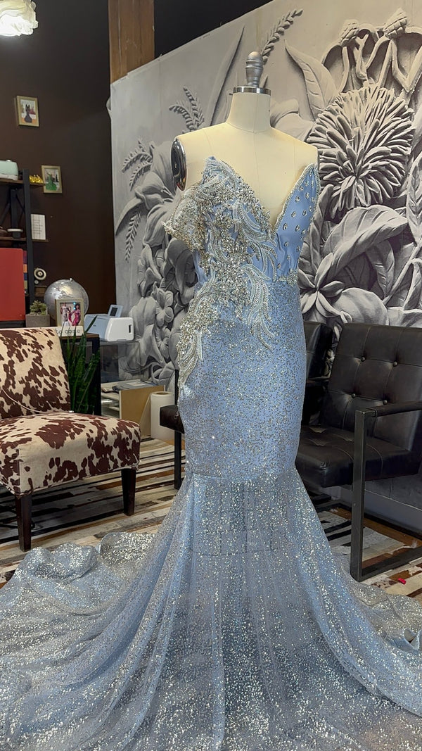 Azure Dreams" Corset Baby Blue Dress with Rhinestone Appliqués, Gems, and Nude Glitter Mermaid Bottom - Binta Sagale Shop