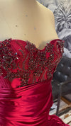 Scarlet Enchantment" Burgundy Dress with Split, Train, Corset, and Lace Appliqués - Binta Sagale Shop