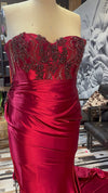 Scarlet Enchantment" Burgundy Dress with Split, Train, Corset, and Lace Appliqués - Binta Sagale Shop