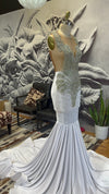 Whimsical Opulence" Sleeveless White Velvet Mermaid Dress with Bodice Appliqué - Binta Sagale Shop